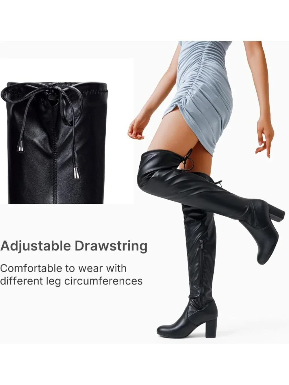 Women's Black Pu Chunky Heel Round Toe Side Zipper Over The Knee Thigh High Boot